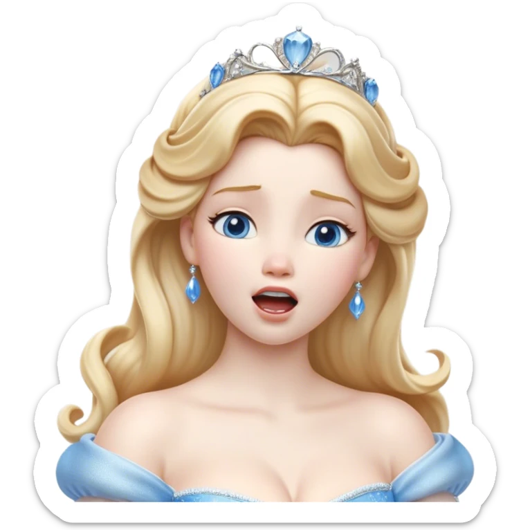 Cinematic Realistic Yawning Cinderella Portrait, showcasing lifelike porcelain skin and intricately detailed golden-blonde hair styled flawlessly as she mid-yawn reveals a moment of tender vulnerability. Her half-closed blue eyes and relaxed expression are rendered with natural, soft lighting that emphasizes the subtle textures of her face and the detailed, flowing fabric of her iconic gown. The scene glows with a cozy, authentic warmth that captures a rare, intimate moment of repose. sticker