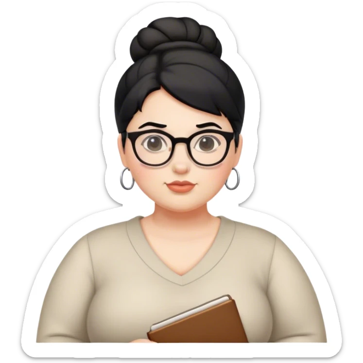 pale chubby female teacher with black hair in a updo bun, wearing glasses sticker