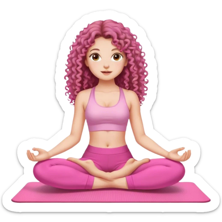 fair skinned, brown eyed, beautiful long haired curly girl, pink clothes, pink pants, sitting on a yoga mat. sticker