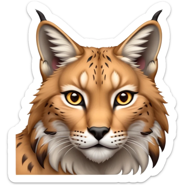 Cinematic-Noble realistic-Lynx-Portrait-Emoji – Poised and regal, with a strong, agile build and a strikingly patterned fur of warm tawny fur accented by bold black ear tufts, deep-set, intelligent amber eyes, simplified yet sharp and sophisticated. zoomed out to show shoulders sticker