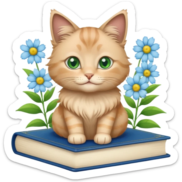 A beige fluffy cat sits on top of a blue book + flower aesthetic  sticker