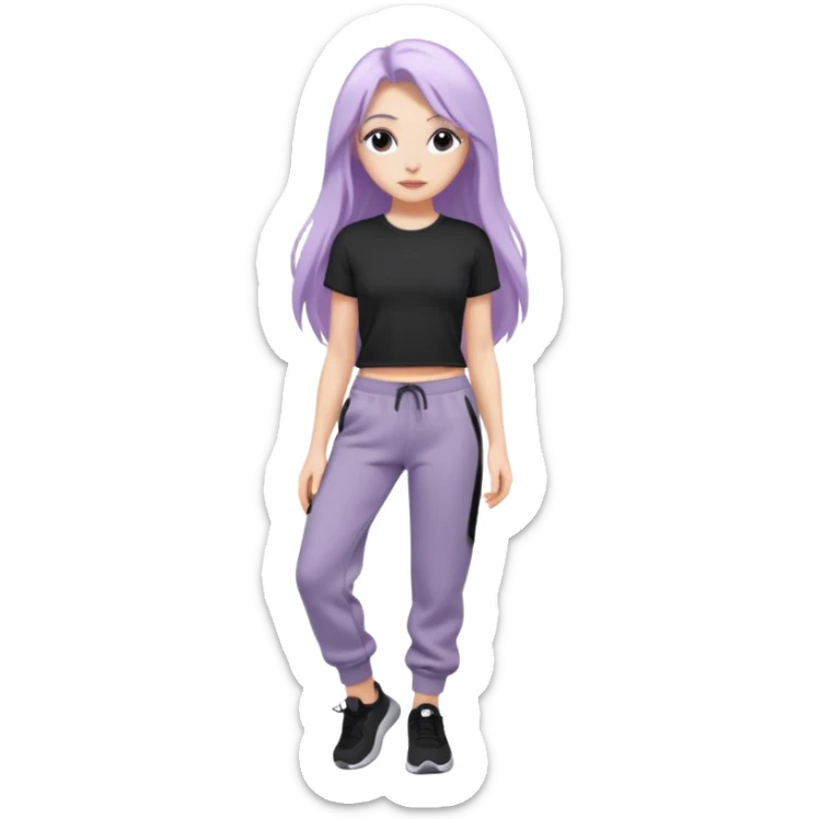 Девушка белокожая на беговой дорожке, с длинными светло-лиловыми волосами, в черном топе, в серых спортивных штанах, с черными ресницами sticker