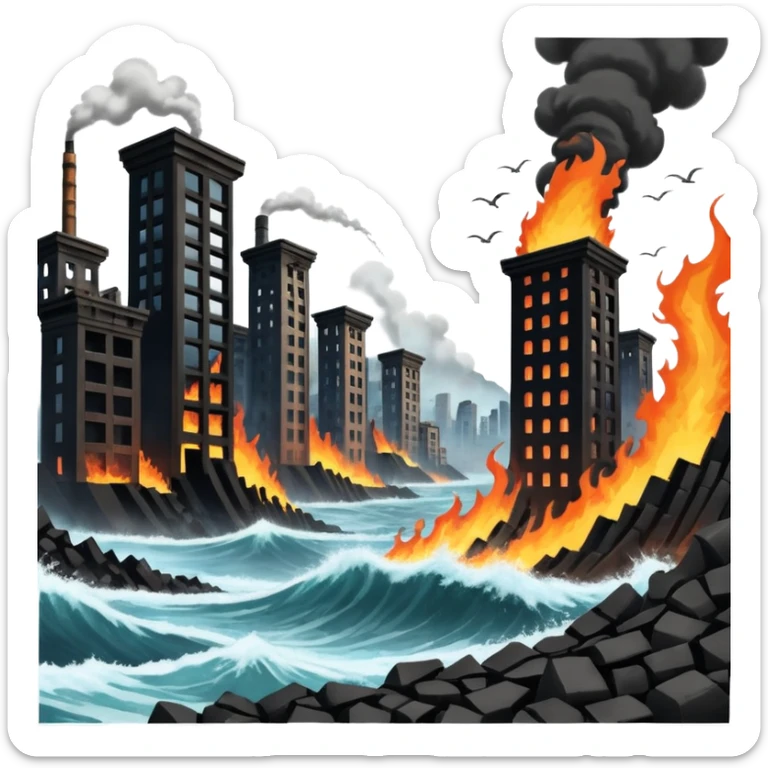 an apocalyptic backdrop of a city in ruins and on fire with a tidal wave and earthquake in the style of cyber punk and steam punk ascetics,  but rugged realistic style sticker
