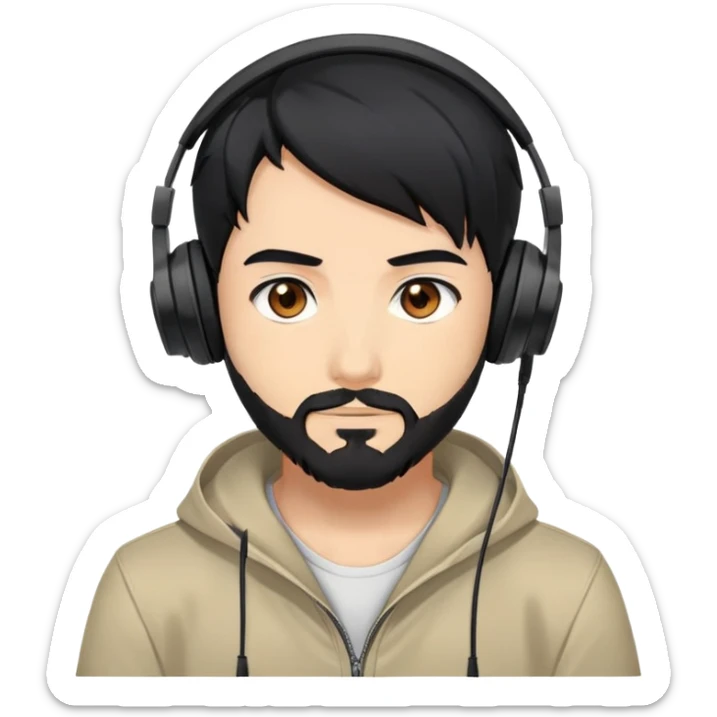 Anime-style man with black hair, brown eyes, black beard wearing gaming headphones, anime character design sticker