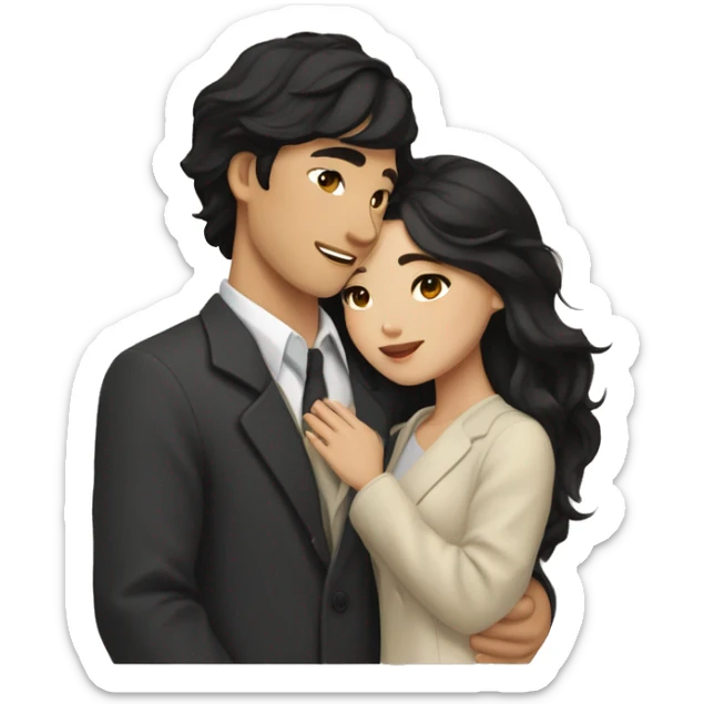 A half pale Asian man with short dark hair and amber eyes embracing and loving a half Asian woman with long wavy dark hair and dark hazel eyes. They love each other a lot And have good fashion taste. sticker