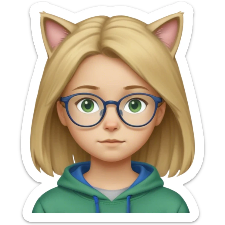 An 11 year old girl with dirty blonde hair, glasses, blue eyes, and a green sweatshirt with a cat on her head  sticker