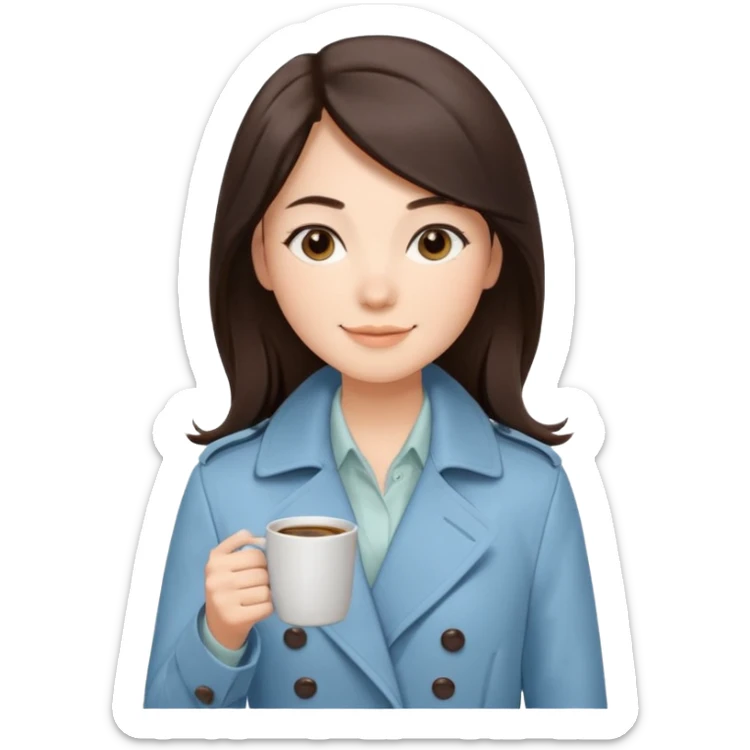 Mei – Cewe Kalem Kulit putih halus, rambut coklat gelap panjang lurus rapi, belah samping. Pakai trench biru muda sambil cangkir kopi, ekspresi tenang senyum sticker