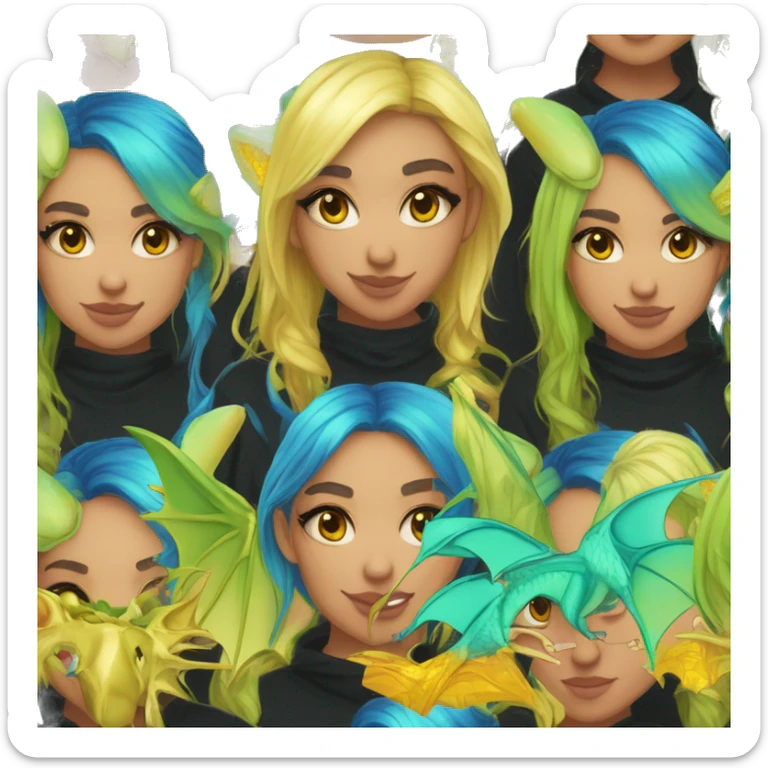 Lady with brunette and iridescent blue hair, gold, lime green dragon wings, black hoodie, bleach dyed, black and gold Nike t shirt, and bright red eyes sticker