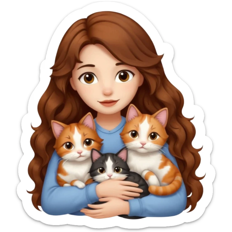 pretty girl with long wavy brown hair snuggling 6 cats sticker