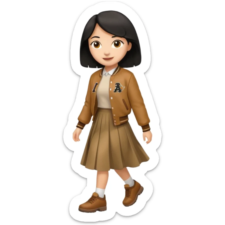  light skin, black cololong hair girl with brown varsity jacket and long skirt walking  sticker