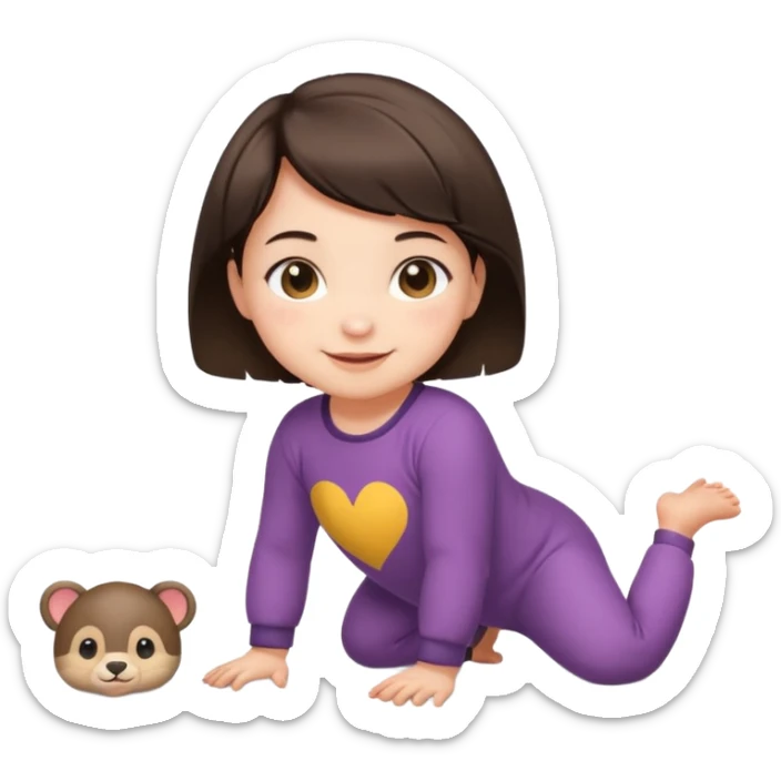 short brunette hair baby crawling on the floor with cute animal symbol clothes sticker