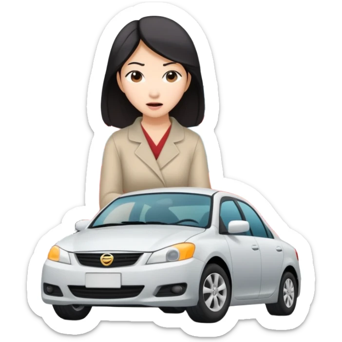 Asian woman crashing car into other cars sticker
