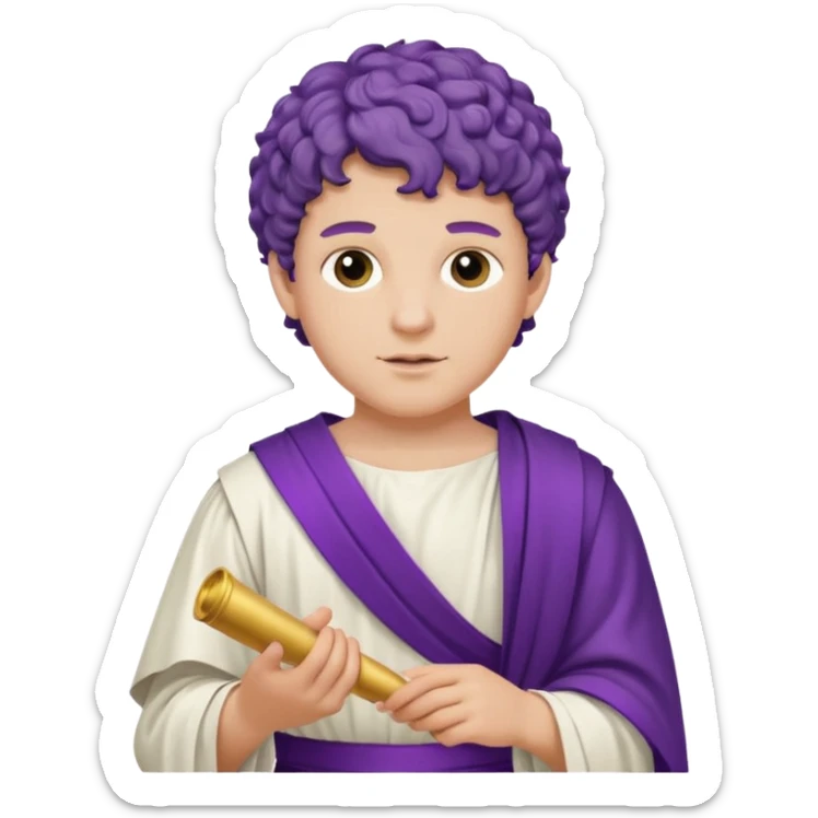 An emoji portrait of a young Roman patrician. He wears a white toga with a purple border. He has short curly hair and a dignified expression, holding a small scroll. sticker