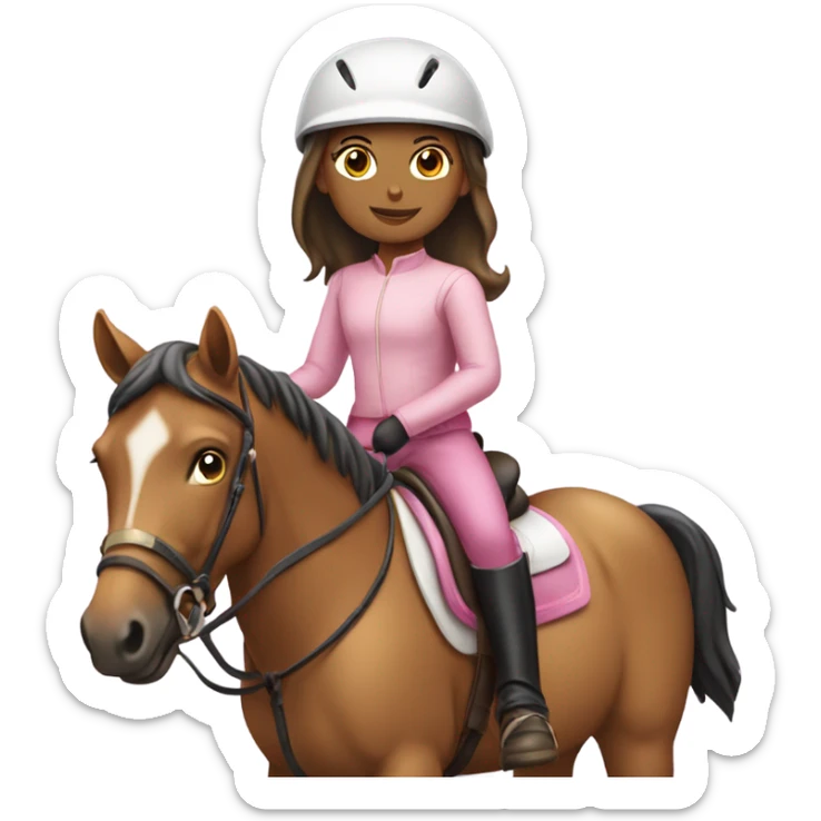 young girl riding a horse wearing tan pants, a pink long sleeve, a riding helmet and boots sticker