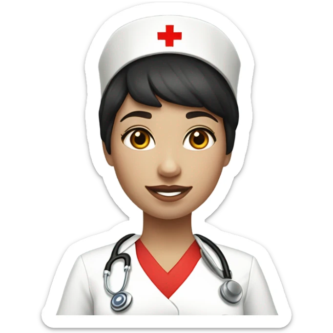 pixie cut black straight hair female nurse with red cross sign hat wearing dress
pale skin color sticker