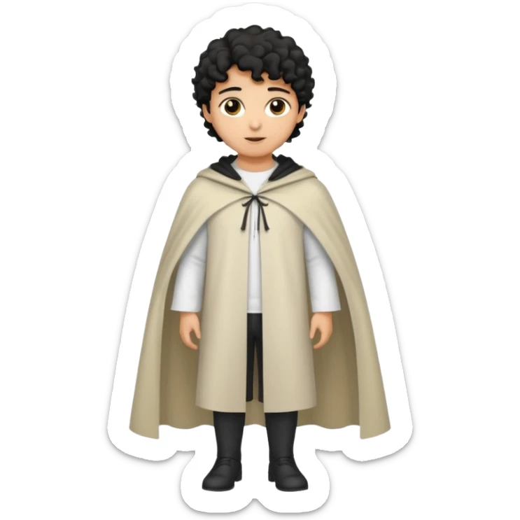 Apariencia: Joven de unos 25-30 años, atractivo,.
-Rostro: Ojos oscuros, piel ligeramente morena, rasgos árabes finos.
-Cabello: Negro, rizado corto, viste como cristiano (camisa blanca, capa corta, colores sobrios). Que salga de cuerpo completo sticker