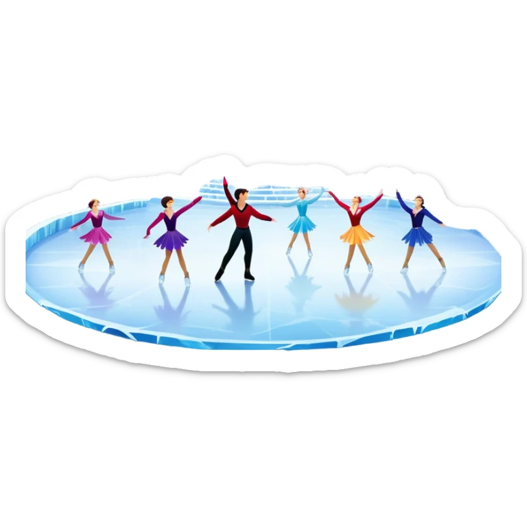 An icon of a theatrical ice show with close-up costumed figure skaters performing a dramatic scene on a glowing ice stage. Spotlights, colorful scenery, and a cheering audience in a grand arena convey the magic and artistry of the ice performance. Transparent background included. sticker