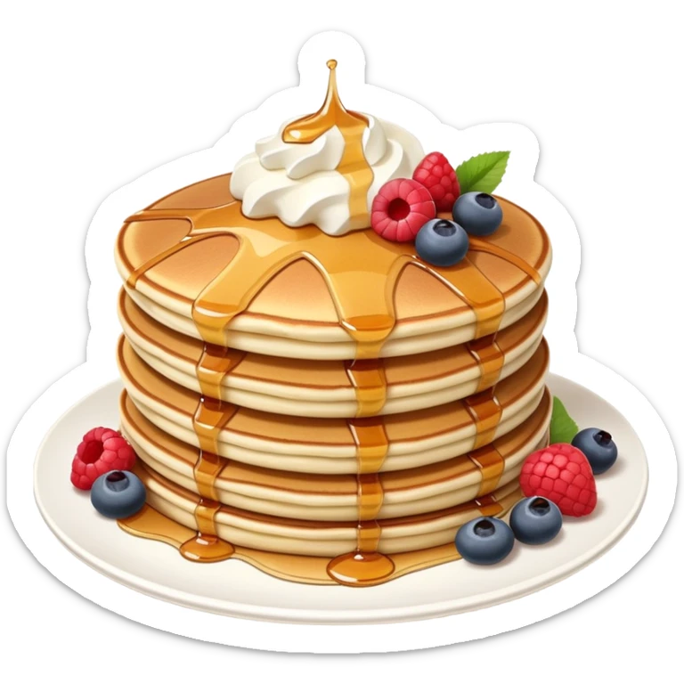 Make a pile of fluffy pancakes with syrup and whipped cream and berries on them sticker