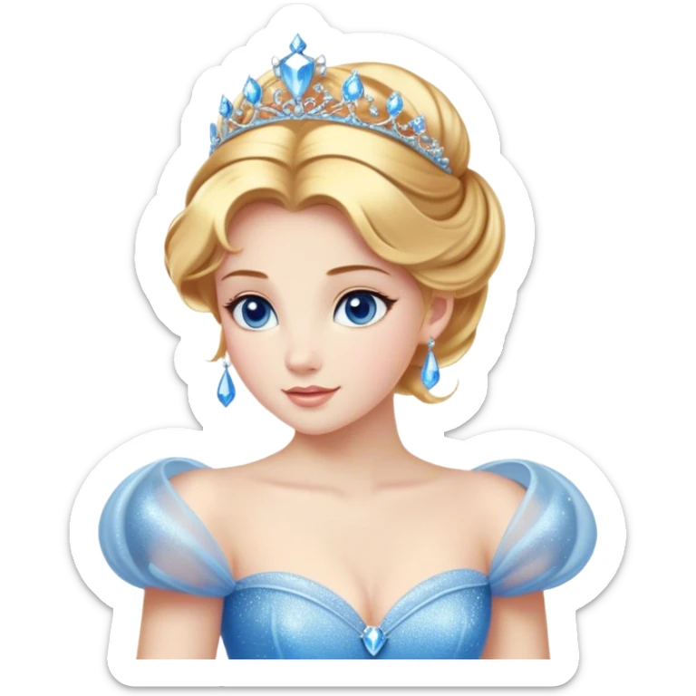 Cinematic Stunning Cinderella Portrait Emoji, Radiant in her sparkling blue ball gown, golden hair in a perfect updo, soft blue eyes full of wonder, glistening tiara, glowing with an ethereal beauty, regal yet kind, a dreamlike aura surrounds her, capturing the essence of a fairy tale princess, elegant and breathtaking! sticker