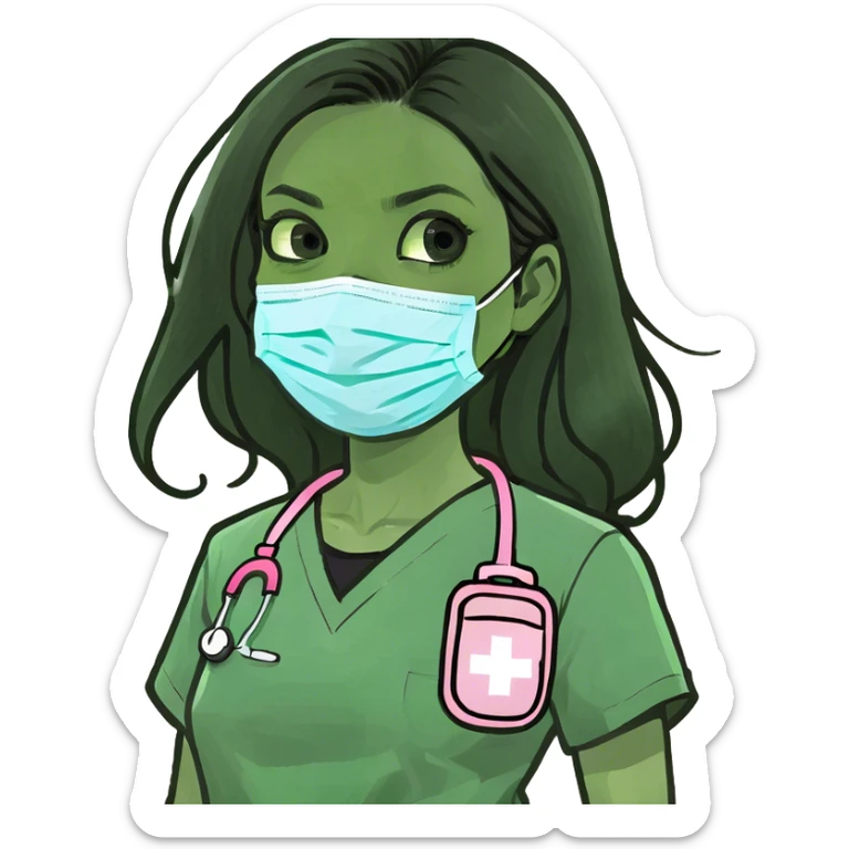 Female doctor without stethoscope long black hair wearing pink scrubs doe eyes sticker