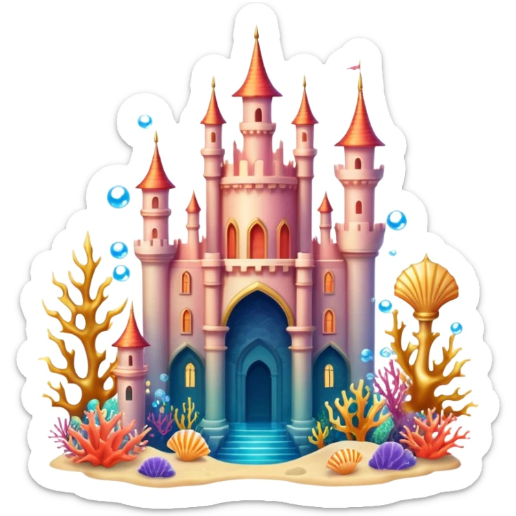 Ariel's underwater castle from The Little Mermaid, golden spires, colorful coral, seashell architecture, bubbles sticker