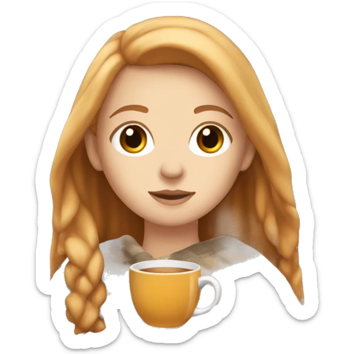 white girl with reddish blonde long hair and brown eyes with blanket wrapped about shoulders and sipping tea sticker
