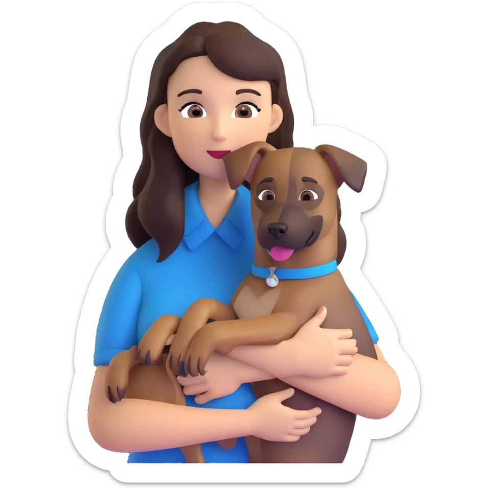 woman with long dark brown hair holding a Malinois dog in her arms sticker