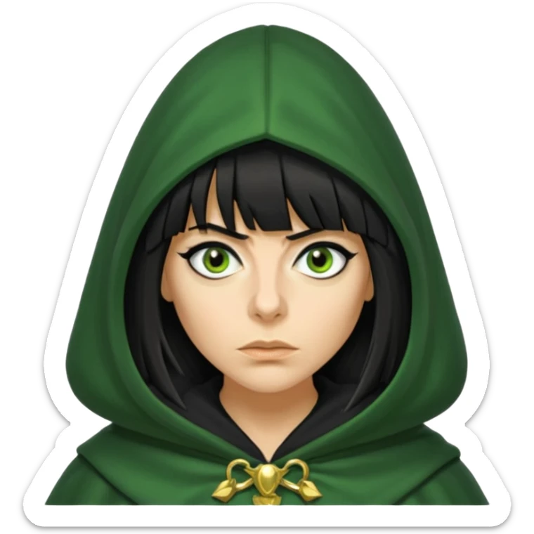 claudia winkleman with a heavy fringe as a traitor with a green hooded cloak with a gold clasp and dark black eyeliner sticker