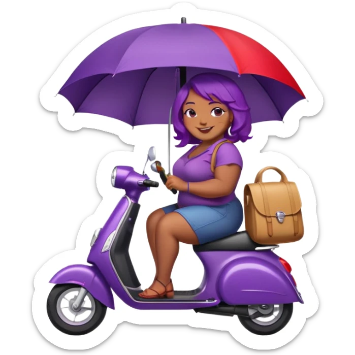 Fat black women with purple hair on a red scooter with an umbrella installed sticker