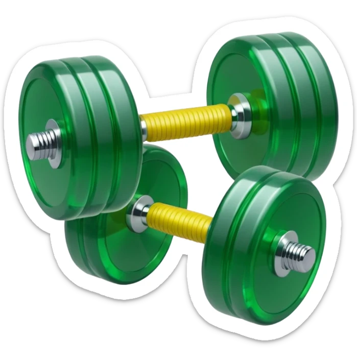 A simple emoji-style icon of a transparent green plastic gym dumbbell logo, folder envelope, slightly open, with clean edges, soft shine, and subtle  sticker