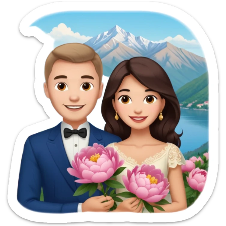 Couple traveling in Montenegro russian man and elegant  Latina girl delicate peonies and mountains in the background  sticker