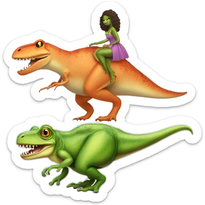 A frog riding a t-Rex, and the t-Rex has a dress and high heels on sticker