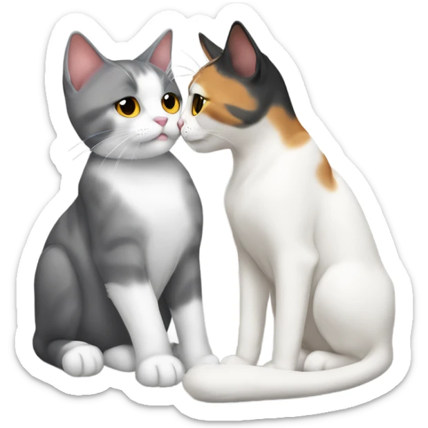 female diluted calico cat kissing male grey and white cat sticker
