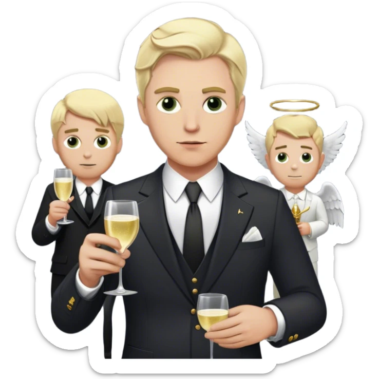 white man with blonde hair with half of him shown as a rich man with money eyes and him holding a champagne glass and him wearing a suit and the other half shown as a poor man who was a soldier with the rich side having a angel ring and the other half having a devil horn sticker
