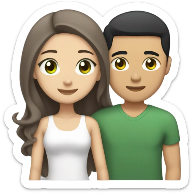 Light skin Asian male with straight black undercut hair and a white female with green eyes and long brown wavy hair tightly hugging each other  sticker