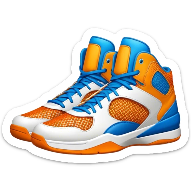 Cinematic Realistic image of a pair of basketball sneakers featuring detailed mesh and leather textures, vibrant color accents and dynamic design lines, illuminated by bold, high-energy arena lighting sticker