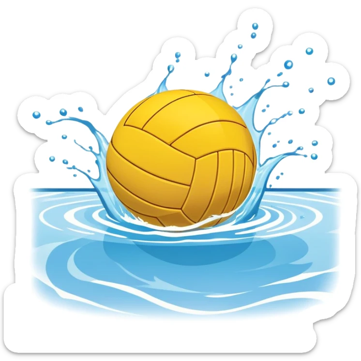 An icon featuring a yellow water polo ball floating on the water with goals in the background, inside a swimming pool. The design includes splashes and ripples, symbolizing the fast-paced action and strategy of water polo. Transparent background highlights. sticker