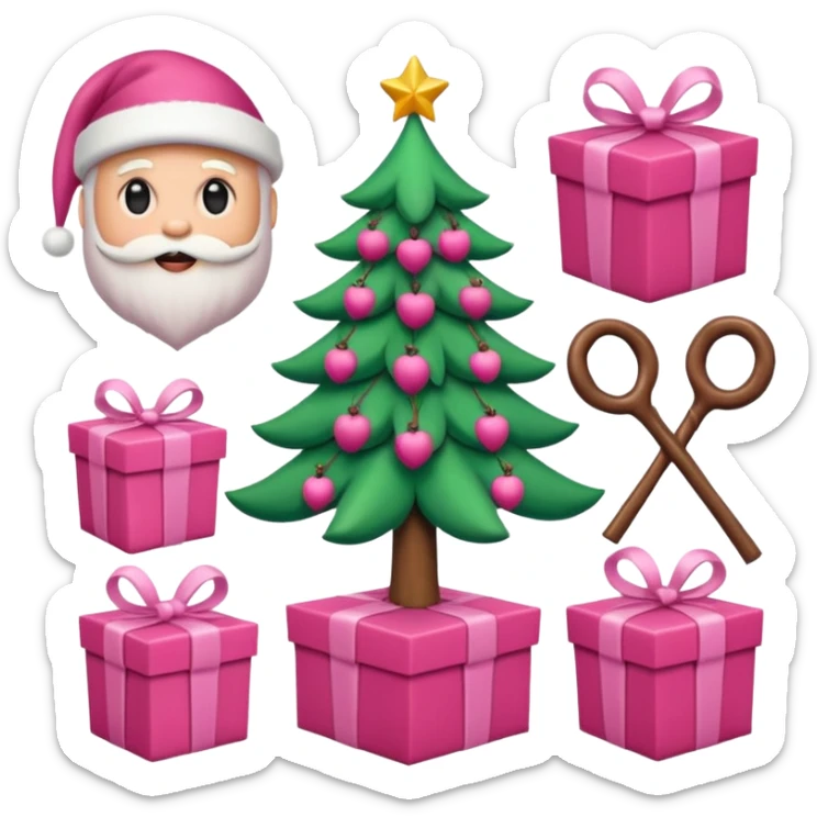 emojis estilo pixar de la cara de santa, arbolito rosa, reno, lazo coquet,bastones rosa, caja de regalo rosa, arbolito verde con bambalinas rosa sticker