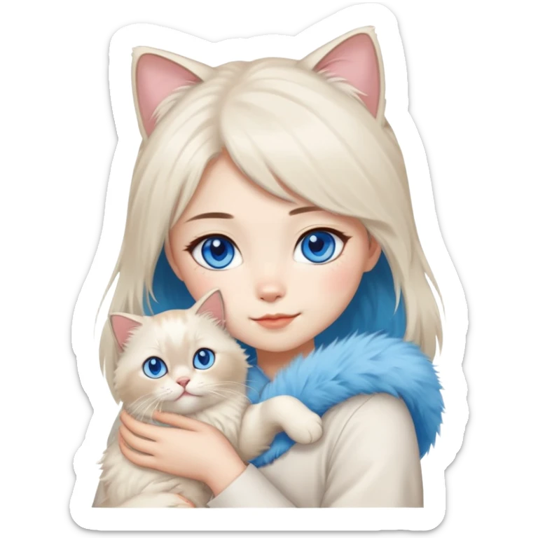 Asian girl holding a fluffy ragdoll cat with blue eyes and colorpoint fur sticker