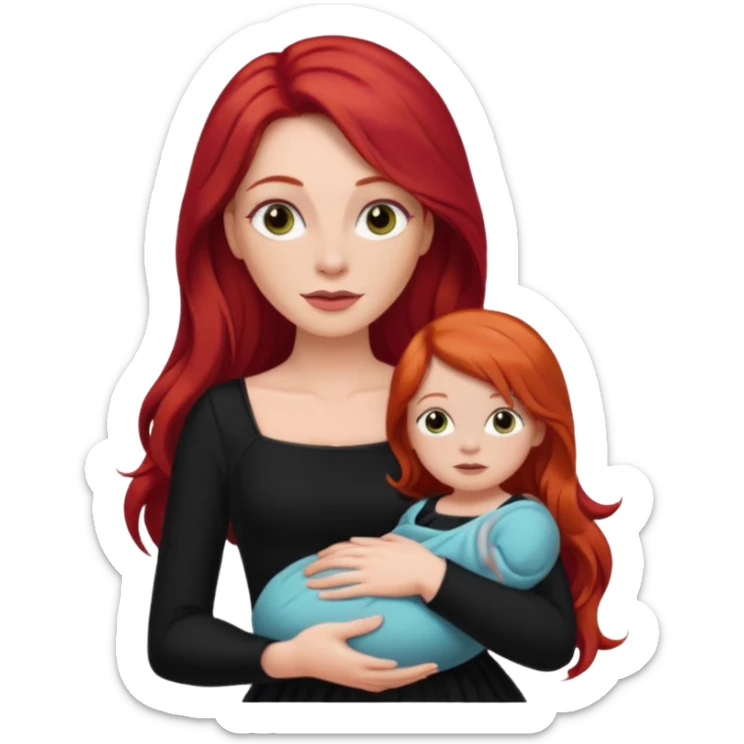 White woman in black dress with long red hair and makeup holding one baby sticker