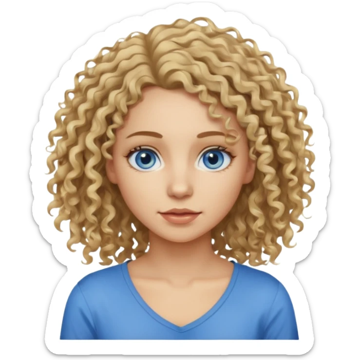 This is a 2D digital anime-style portrait of a female, caucasian, 29 years old light skin. The person has messy dirty blond curly hair shoulder long, round blue eyes.  sticker
