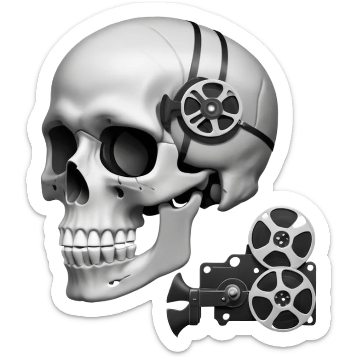Minimalist emoji-style sticker of a human skull in profile, with a film reel replacing the brain. Grayscale icon with bold silhouette.
 sticker