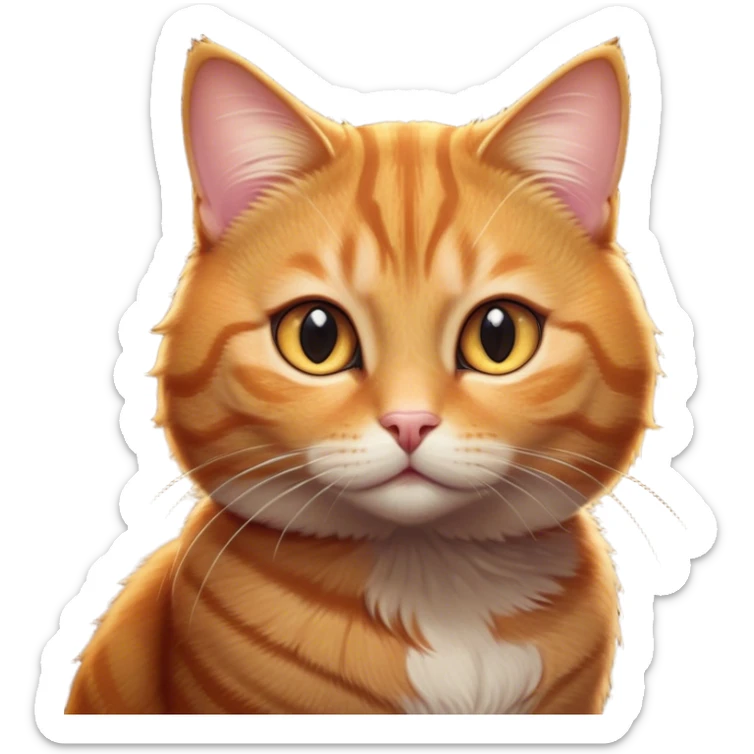 Cinematic Cute Ginger Tabby Cat Portrait Emoji, Round and plump body, soft orange-brown fur with dark tabby stripes, big, sparkling amber eyes, Simplified yet irresistibly adorable features, highly detailed, glowing with a warm, cozy glow, high shine, curious yet calm, stylized with a touch of whimsy, bright and endearing, soft glowing outline, capturing the essence of a mischievous yet lazy and lovable kitty, so cuddly it feels like it could waddle right out of the screen for a snuggle! sticker