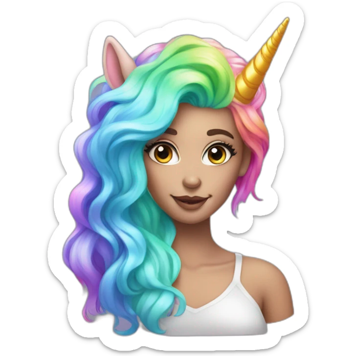 Holographic unicorn woman with rainbow hair and big eyelashes sticker