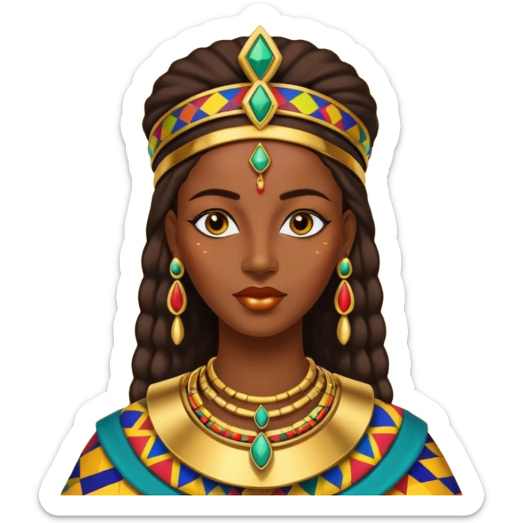 Create me an emoji of a beautiful Ethiopian Queen of Sheba wearing a colorful African patterns. sticker