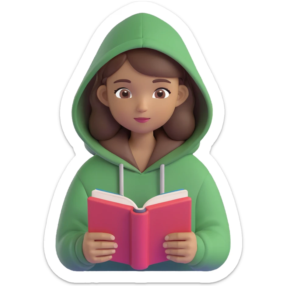 emoji of a girl with medium skin tone, brown hair, reading a book, wearing a hoodie sticker