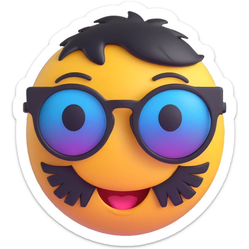 3D smiley emoji, nagy szempillás, napszemüvegben, nevetős sticker