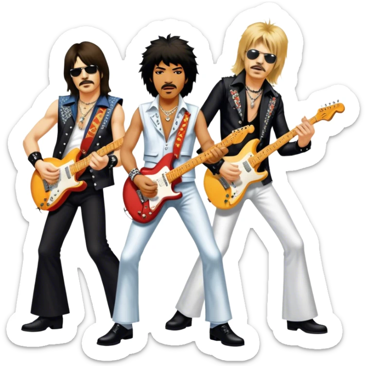 Icon for Rock Music: collage of iconic rock musicians—Klaus Meine, Jimi Hendrix, Kurt Cobain, Freddie Mercury, and Ozzy Osbourne—playing electric guitars and singing on stage. Capturing the powerful energy and rebellious spirit of rock. Transparent background. sticker