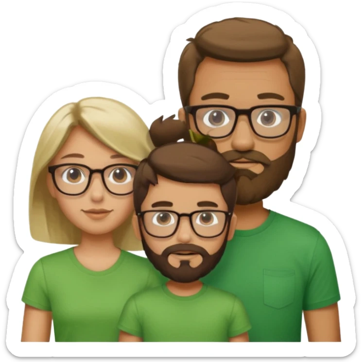 A family consisting of a man who's bearded, tanned, wearing glasses, a woman, slightly tanned, and a 14 year old teenage boy, slightly tanned, wearing a green t-shirt, not everyone is wearing glasses,  sticker