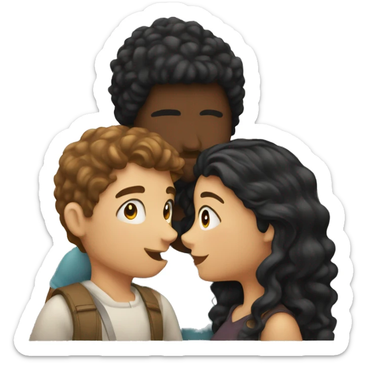 a couple giving a kiss, the girl has black long hair and the boy has curly brown hair sticker